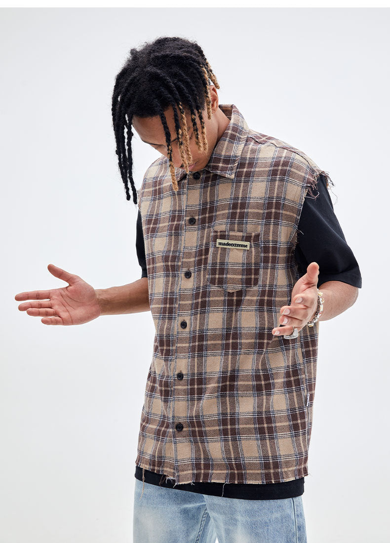 Men's Retro Plaid Distressed Casual Streetwear Shirt