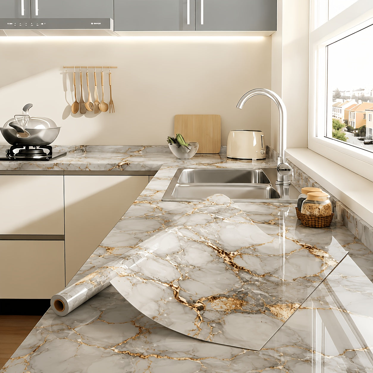 Self-adhesive imitation marble wall stickers for quick room refresh