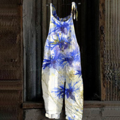Women's Printed Street Hipster Fashion Multi-color Cotton And Linen Suspender Jumpsuit