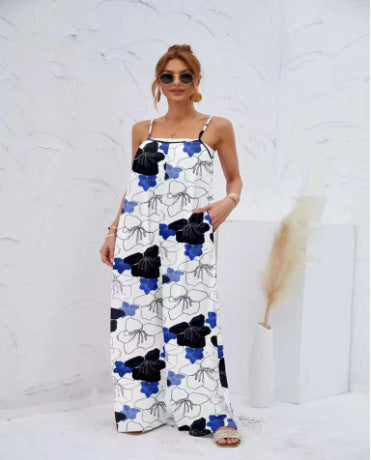 Women's Printed Loose Suspender Jumpsuit Romper