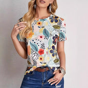 Womens Floral Digital-Print Crew-Neck Short-Sleeve TopT-Shirt