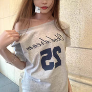 Off-Shoulder Letter Print Streetwear T-Shirt – Gray/White Loose Fit