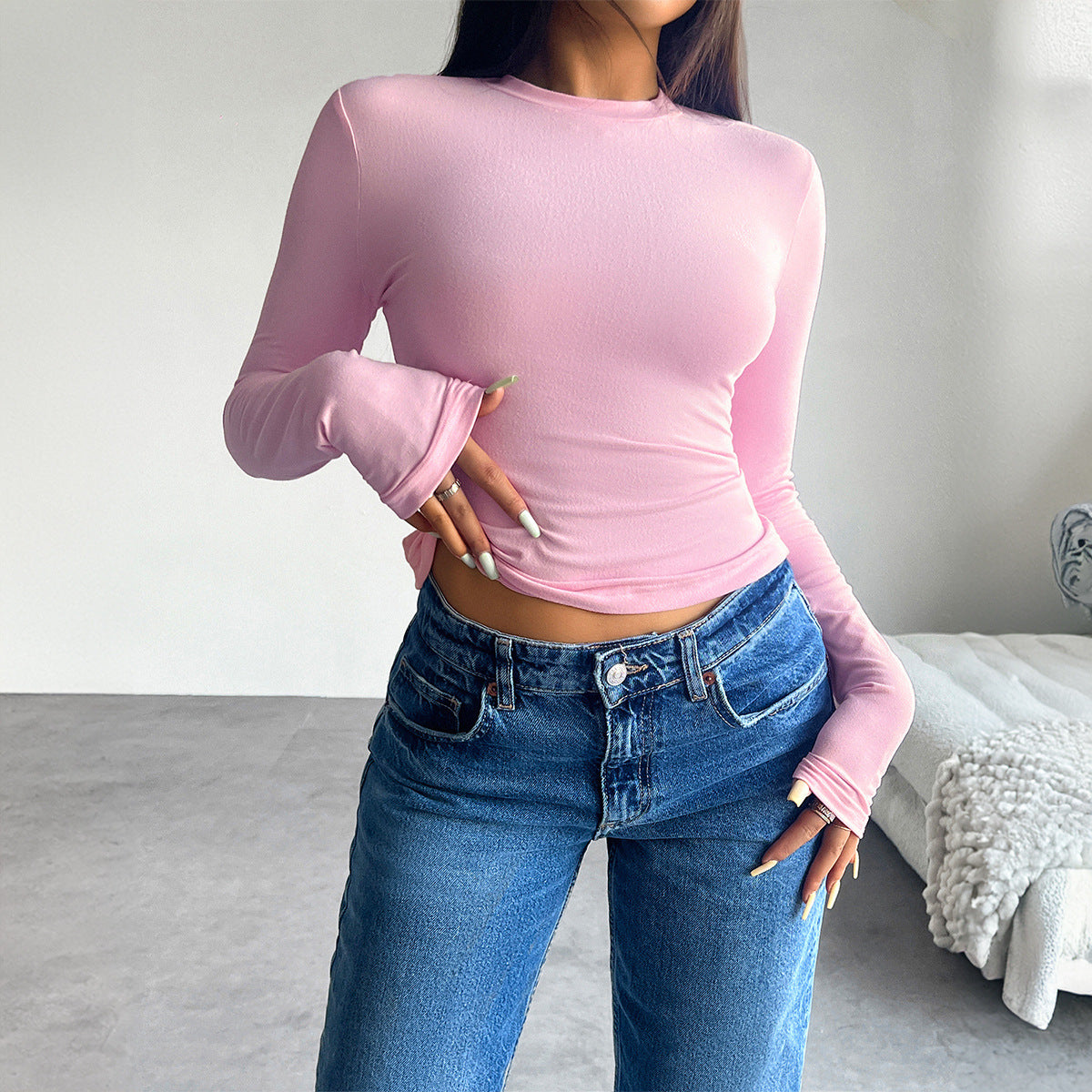 Y2K Backless Pleated Long-Sleeve Slim Knit Top