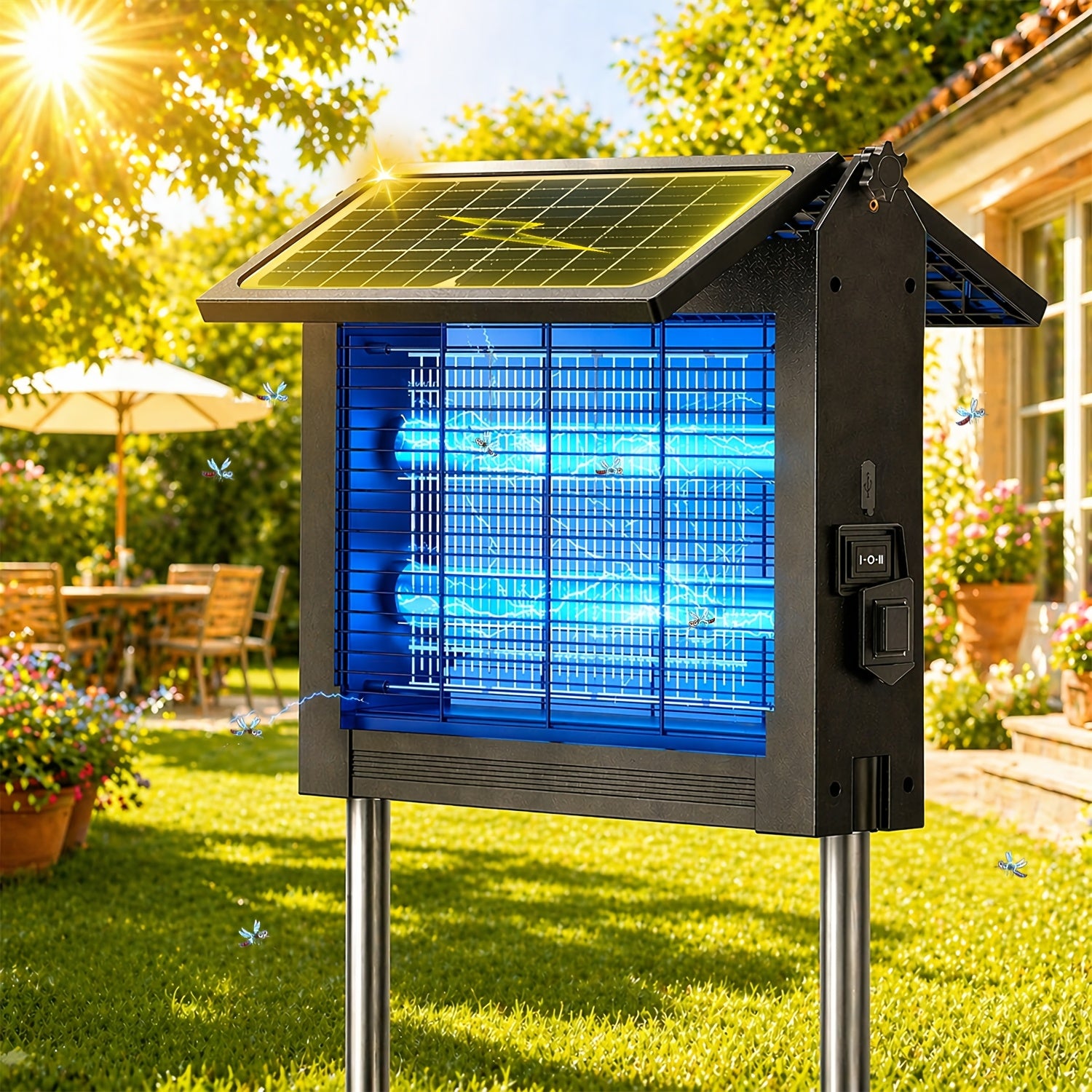 4500V Solar Bug Zapper – Dual Solar Panels, USB Charging, Auto On/Off, Outdoor Mosquito Killer