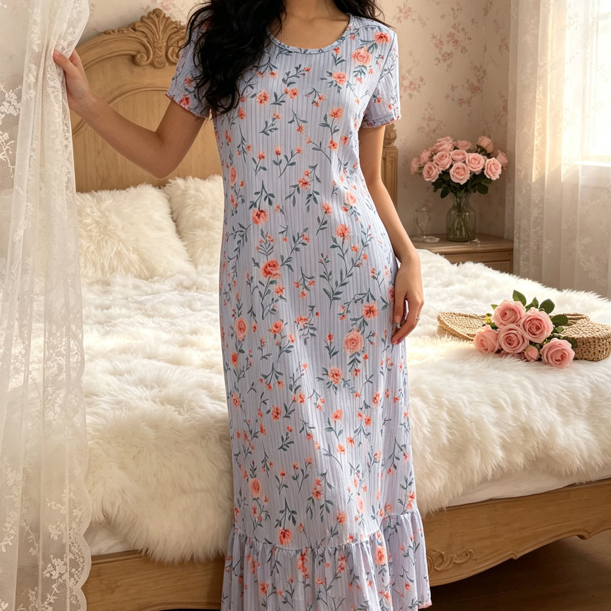 Printed Round-neck Loose-fit Casual Dress