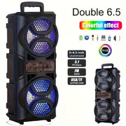 Portable Wireless PA Speaker, Dual 6.5-inch High-Quality Subwoofer System with AUX USB FM Wired Microphone Audio Input, Built-in Rechargeable Battery and LED Light