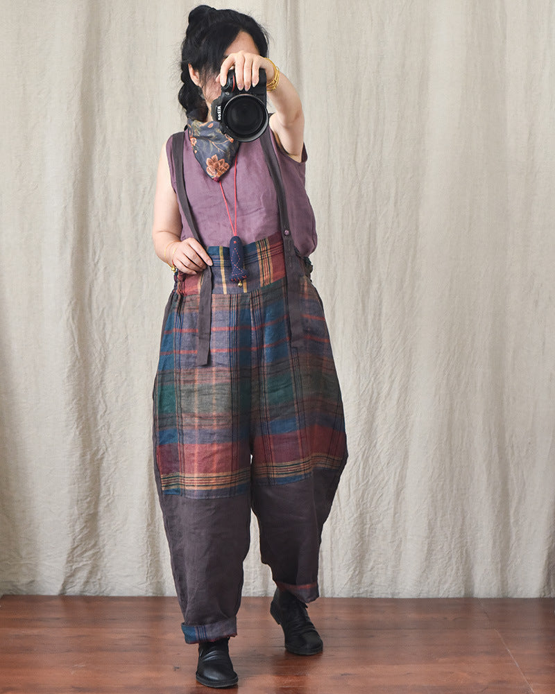 Chic Linen Patchwork Suspender Pants for Women