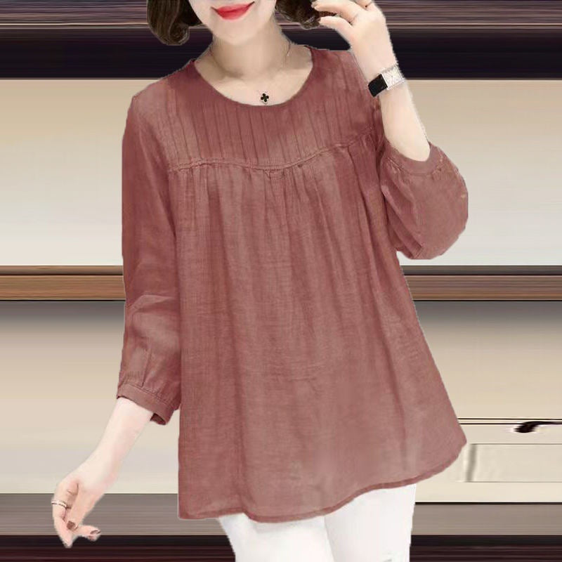 Women's Cotton Linen Round Collar Retro Blouse