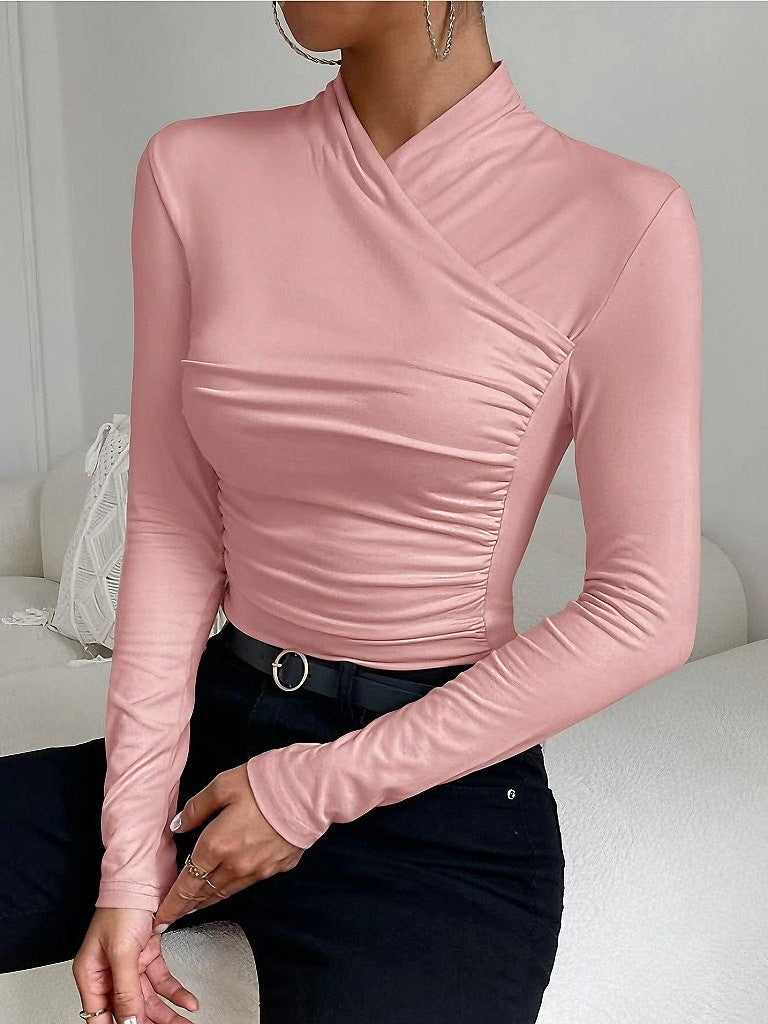Cross Collar Pleated Slim Long Sleeve Top