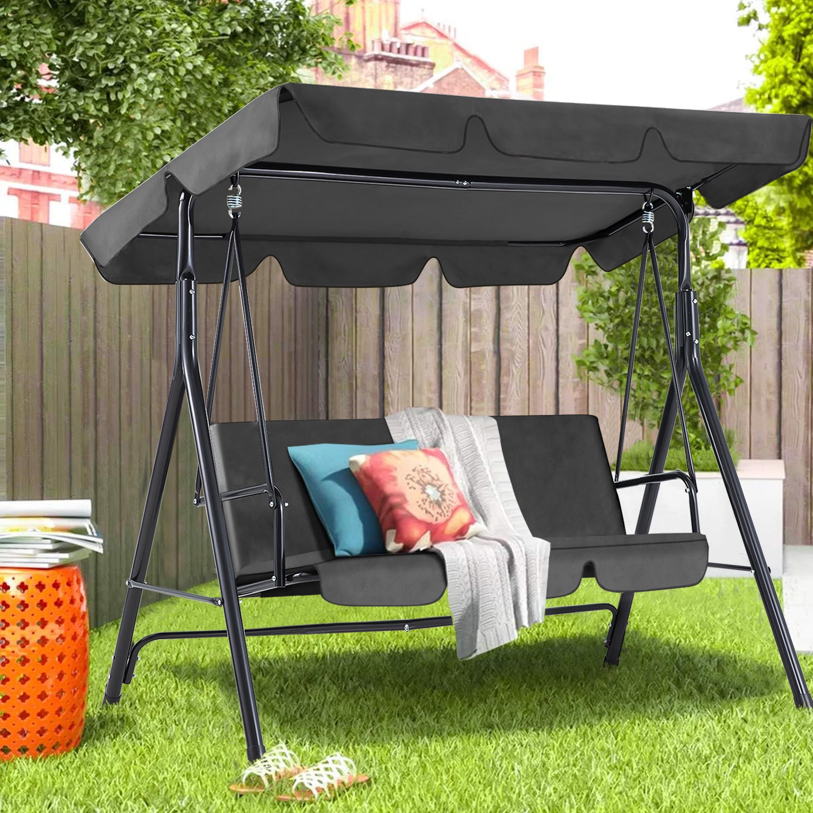 Outdoor Patio Swing Chair, 3 Seat Porch Swing with Adjustable Awning, Outdoor Swing Bench with Removable Cushions for Backyard, Garden, Patio, Poolside, Balcony