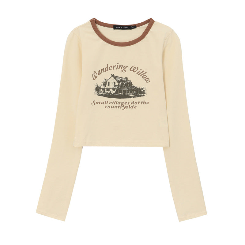 Retro Letter Print Slim Long Sleeve Cotton Bottoming Shirt