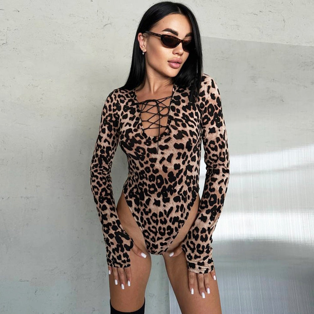 Chic Leopard Print V-Neck Long-Sleeve Drawstring Jumpsuit