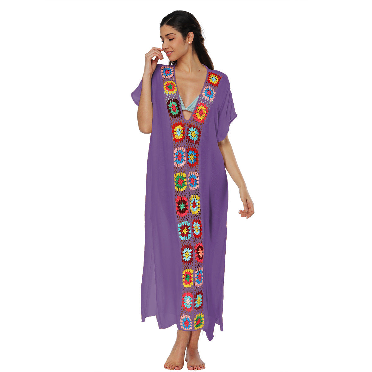 Hand-Knitted Patchwork Slit Maxi Dress