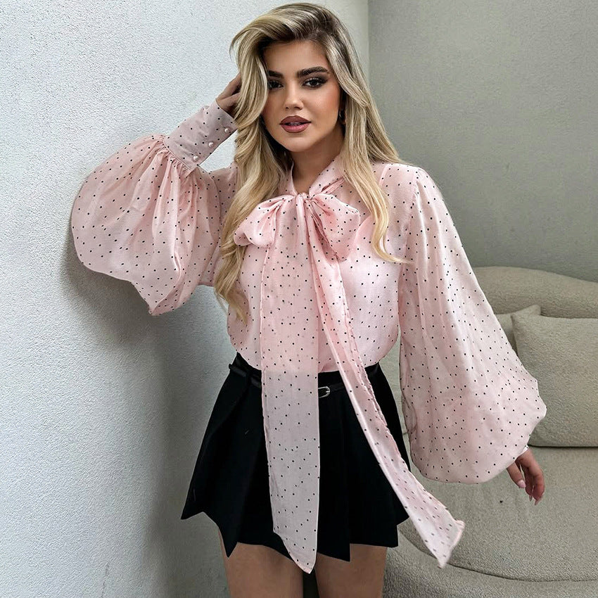 Elegant French Bow-Tie Long-Sleeve Top for Women