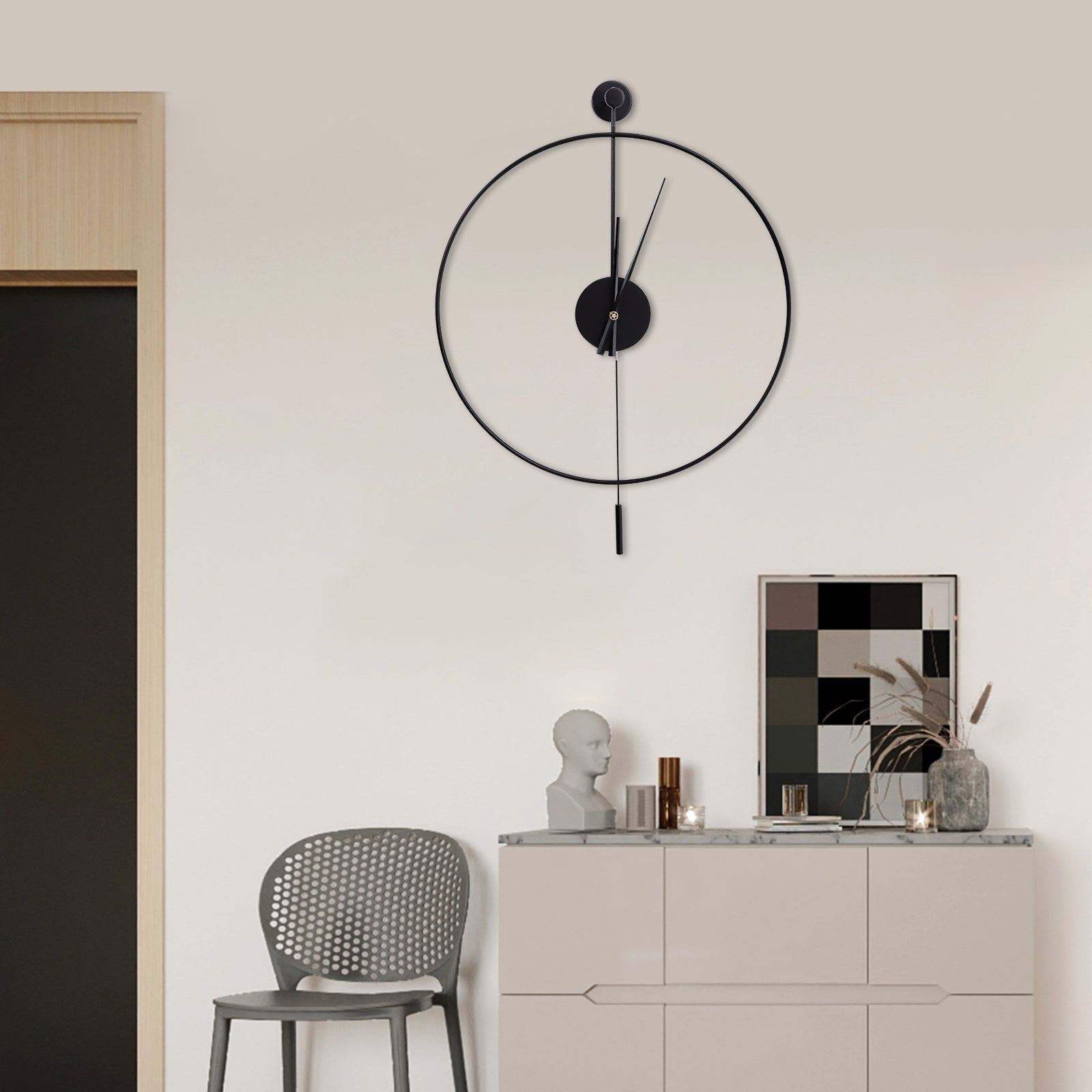 Large Modern Minimalist Silent Quartz Wall Clock with Black & White Hands - Oversized Round Metal Pendulum Movement Timepiece for Living Room, Bedroom, Office - Large 23.6",, Easy Assembly (Base Included) - Elegant