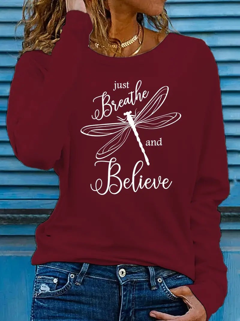 Women's Dragonfly Print Casual Long Sleeve Pullover Sweatshirt