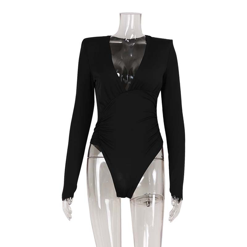 Chic Deep V Padded Shoulder Slimming Bodysuit