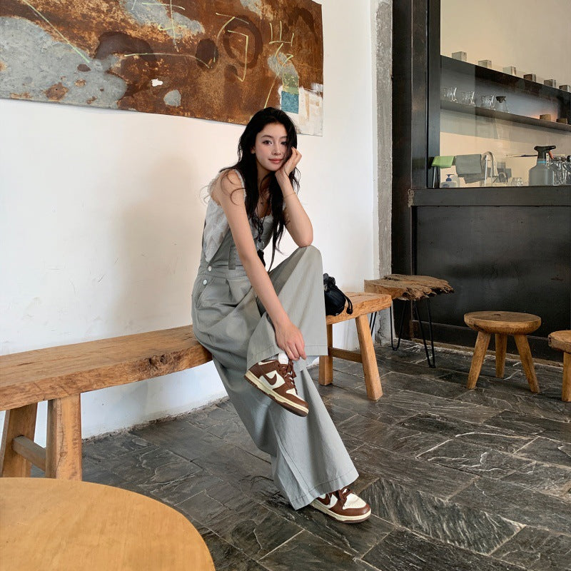 Womens Jumpsuit Overalls Wide-Leg Casual Pants Loose-Fit Straight-Leg Bib Trousers