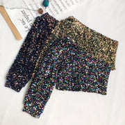 Off‑Shoulder Slash‑Neck Short Shirt with Sequined Puff Sleeves