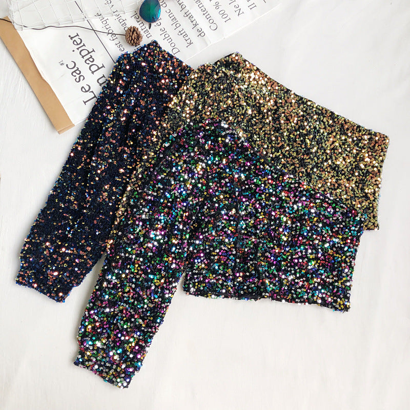 Off‑Shoulder Slash‑Neck Short Shirt with Sequined Puff Sleeves