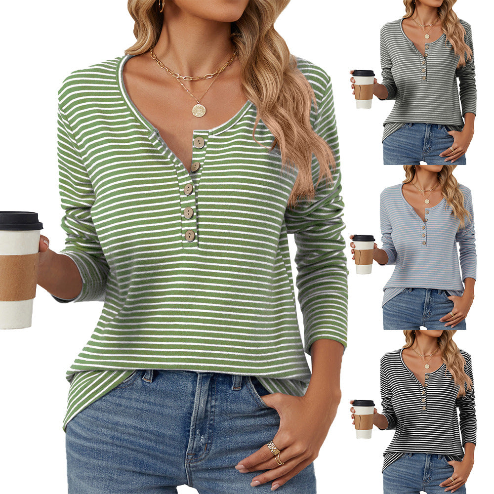 Casual Striped Button-Neck Knit Top