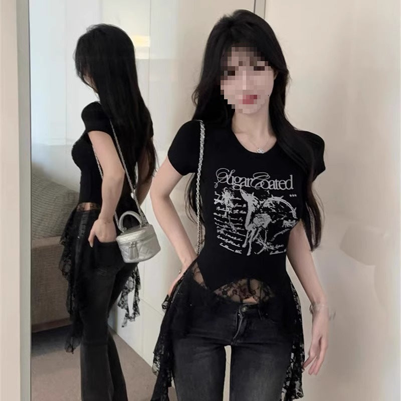 American Chic Lace-Panel Short Sleeve T-Shirt for Women