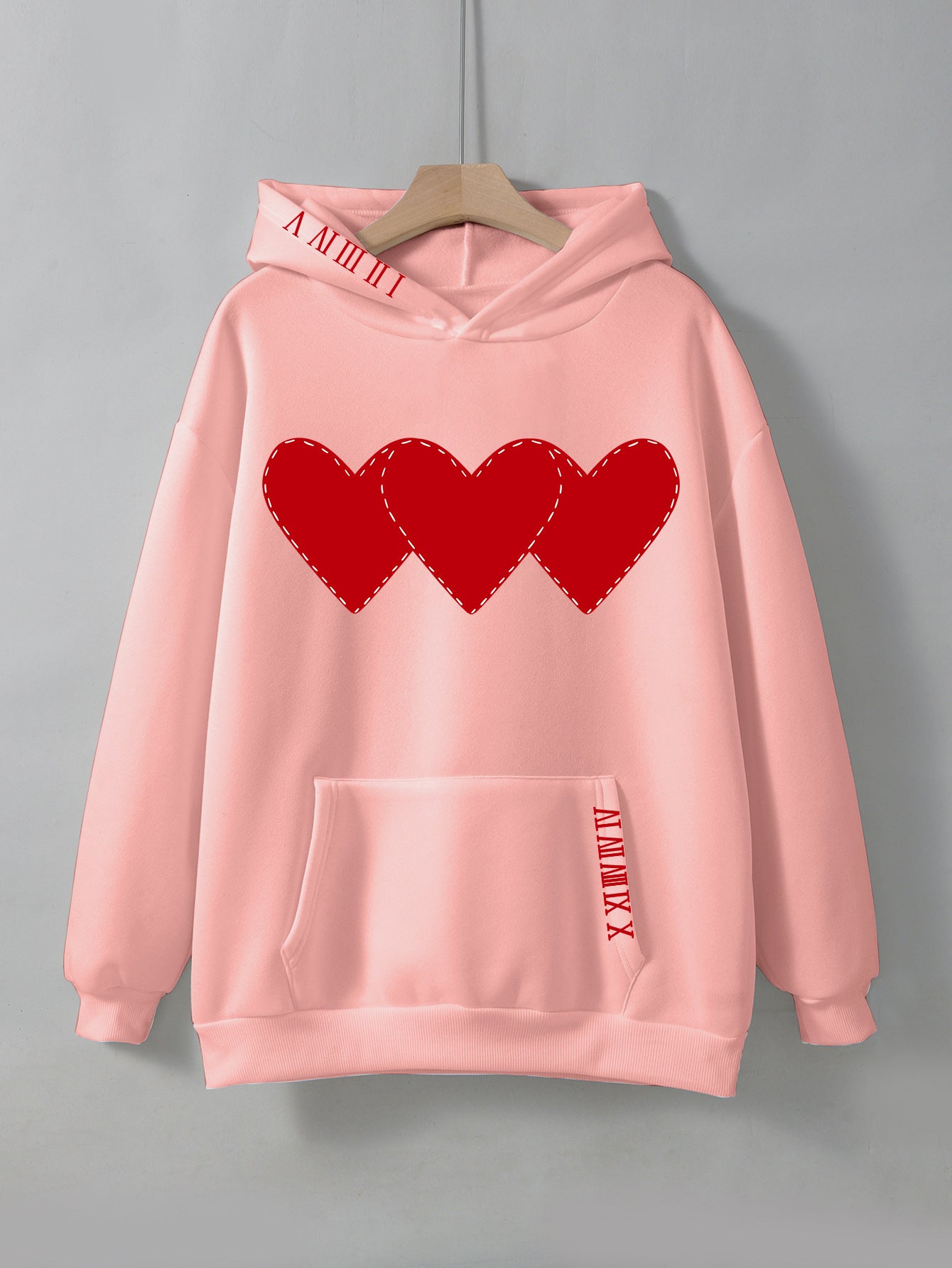 Women's Heart Print Brushed Fleece Drawstring Hoodie