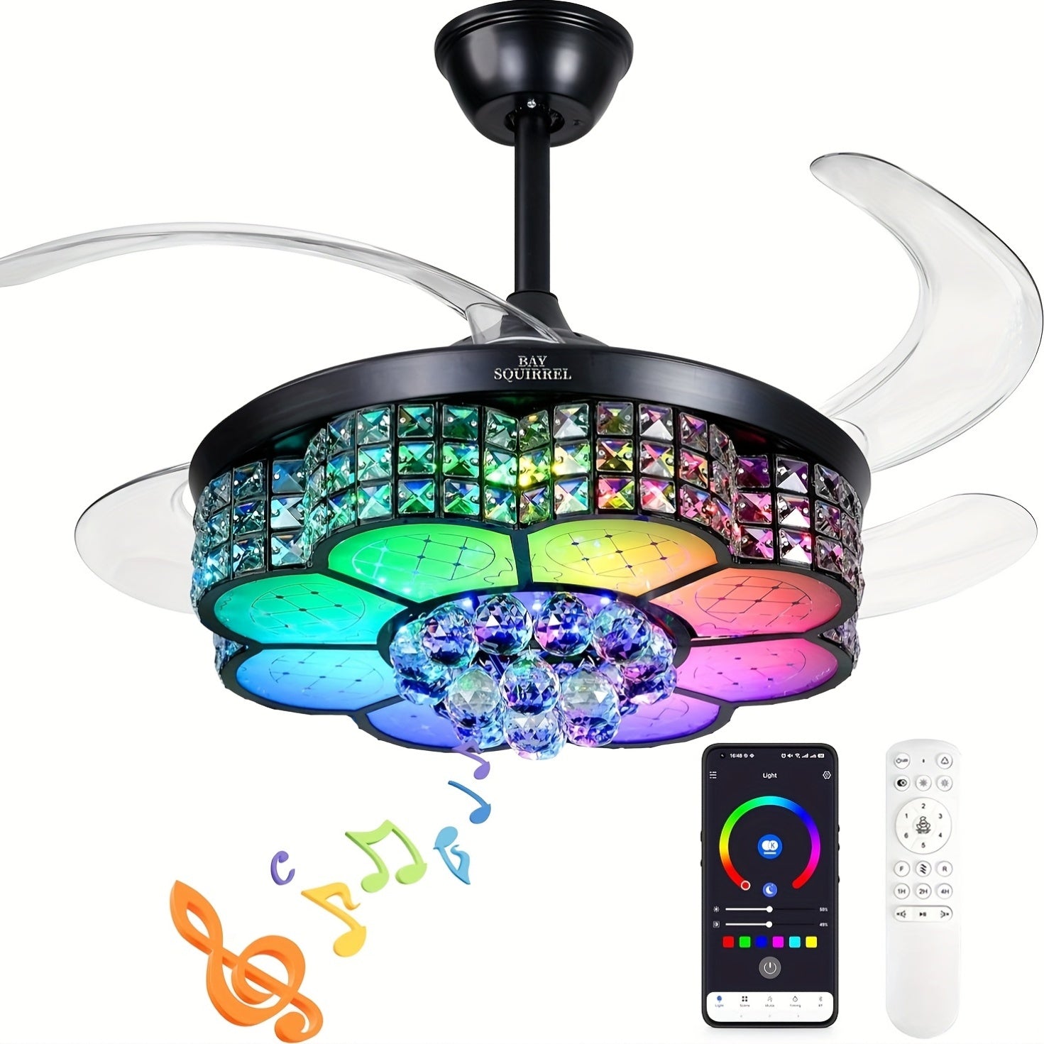 42‑Inch RGB Ceiling Fan with Crystal Light, Infinite Dimming, Light Memory, Built‑in Speakers, 6‑Speed Reversible Blades, Flush‑Mount Chandelier Design, Remote and App Control