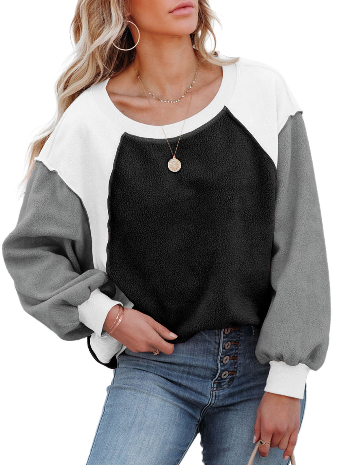 Cozy Colorblock Fleece Lantern Sleeve Pullover Top
