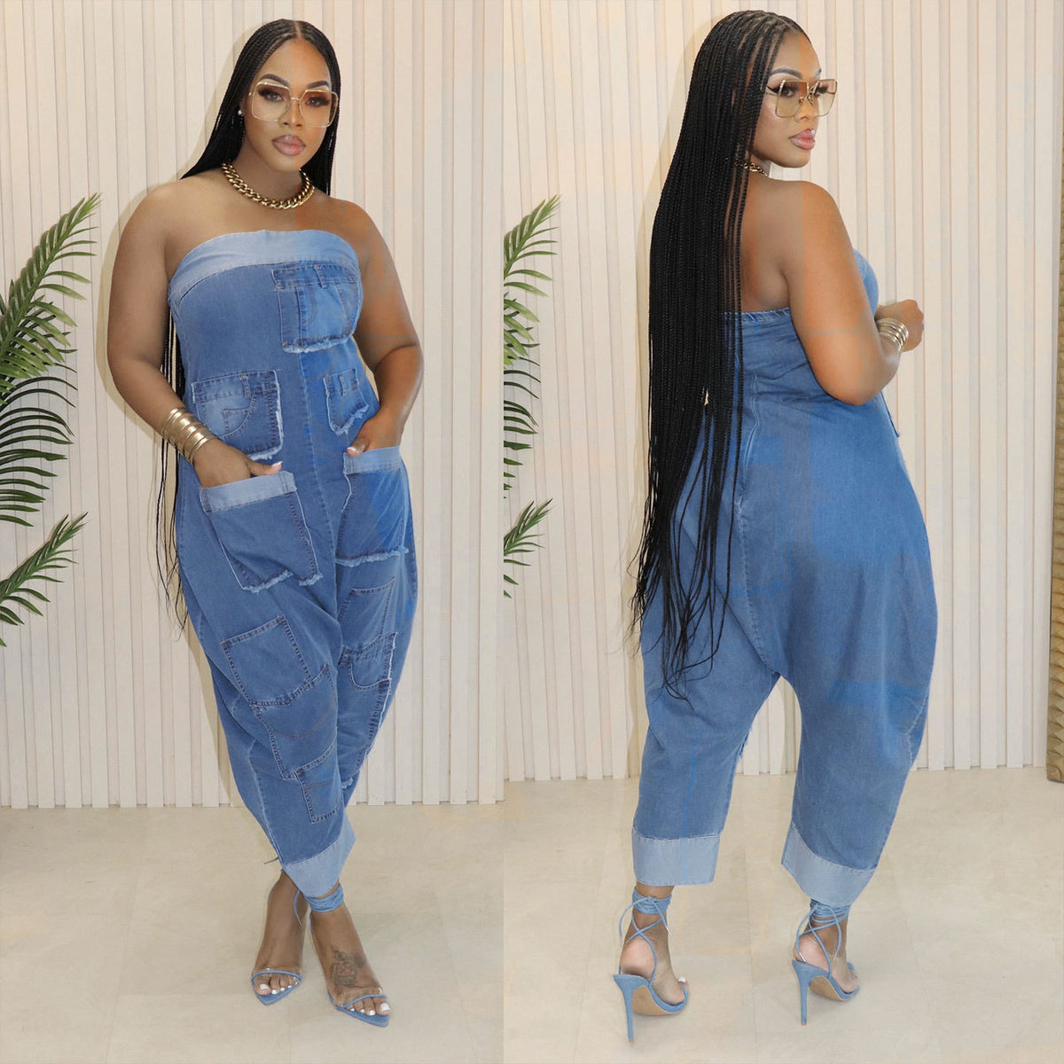 Denim Cargo Pants Multi-pocket Stitching Washed Loose Sleeveless Jumpsuit