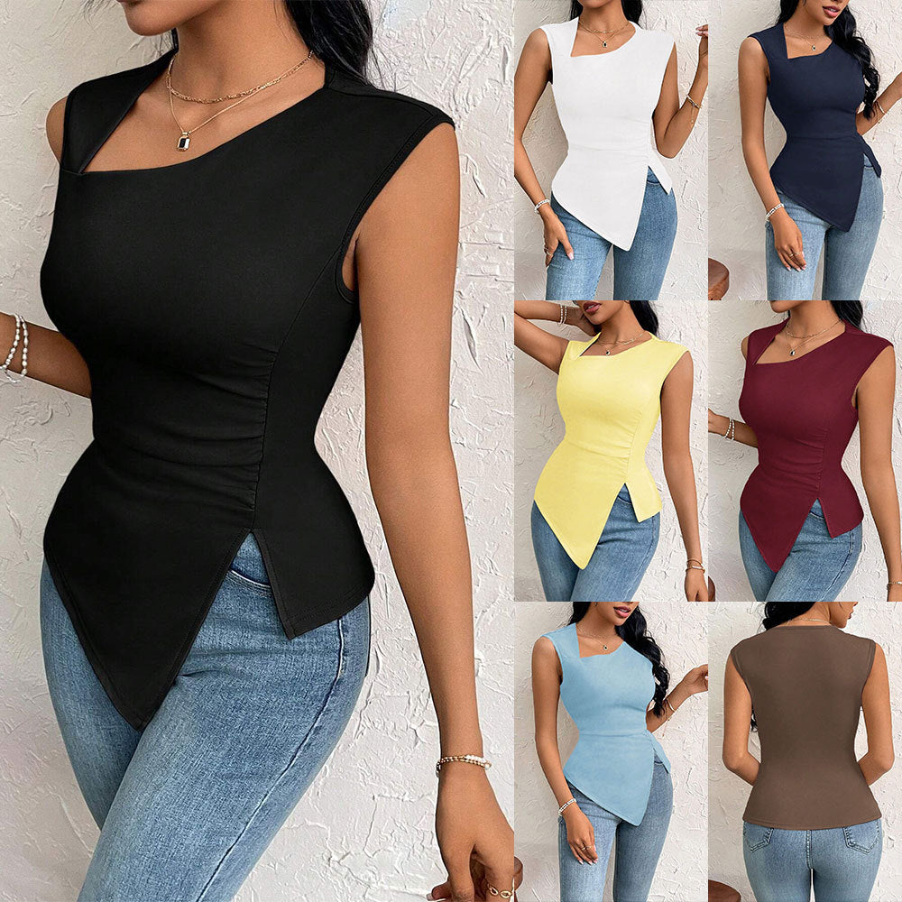 Slim-Fit Diagonal Collar Short Sleeve Top for Women