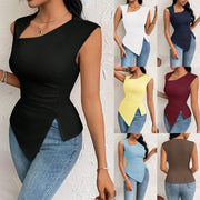Slim-Fit Diagonal Collar Short Sleeve Top for Women