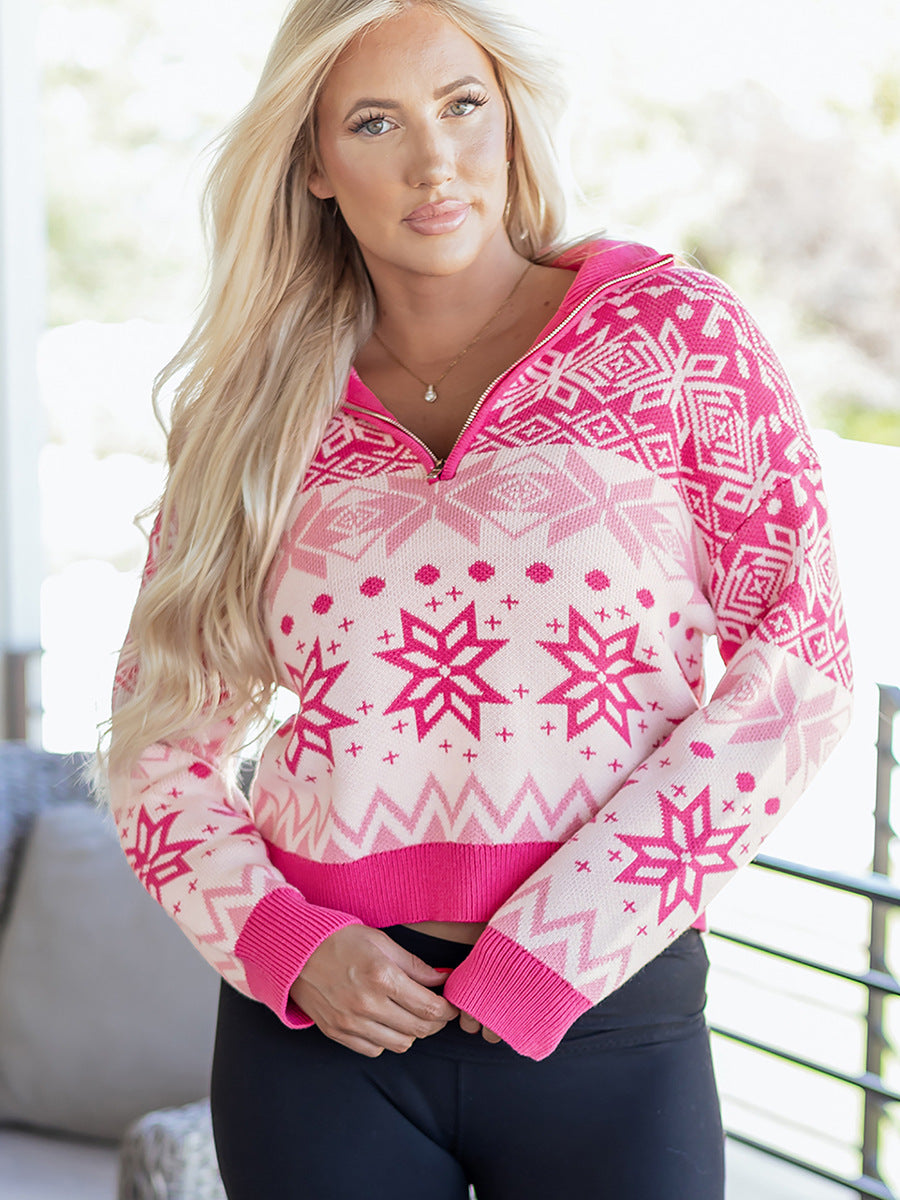 European and American Short-style Trendy Snowflake Print Sweater
