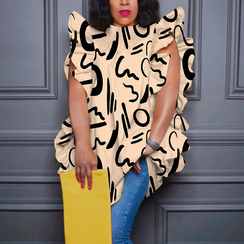 Plus-Size Ruffled Crew-Neck Blouse – Loose Fit, Printed Styles