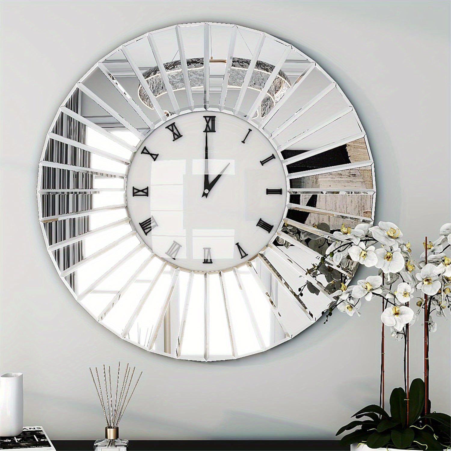 [Modern Glam Wall Clock] Modern Glam 23.62in Sunburst Mirrored Wall Clock with Roman Numerals | Large Statement Wall Decor for Living Room Bedroom, Contemporary Silvery Mirror Clock, Light Reflective Design, Decorative Timepiece