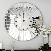 [Modern Glam Wall Clock] Modern Glam 23.62in Sunburst Mirrored Wall Clock with Roman Numerals | Large Statement Wall Decor for Living Room Bedroom, Contemporary Silvery Mirror Clock, Light Reflective Design, Decorative Timepiece