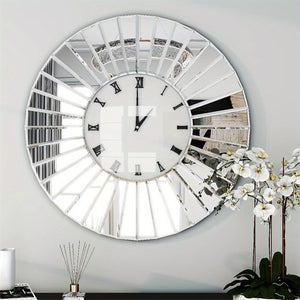 [Modern Glam Wall Clock] Modern Glam 23.62in Sunburst Mirrored Wall Clock with Roman Numerals | Large Statement Wall Decor for Living Room Bedroom, Contemporary Silvery Mirror Clock, Light Reflective Design, Decorative Timepiece