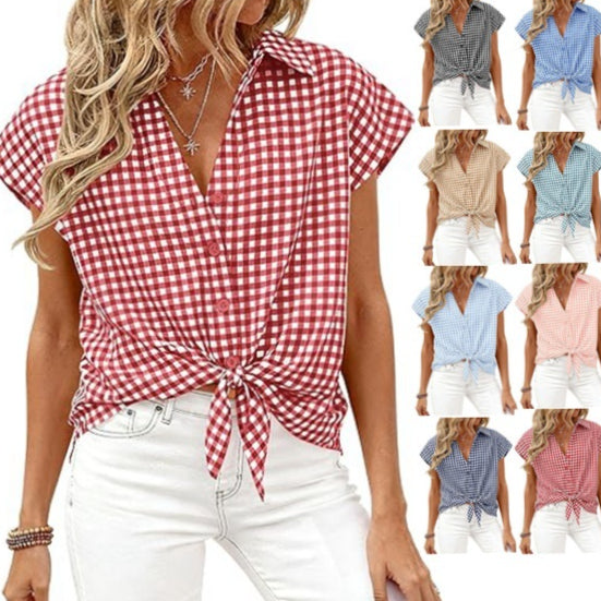 Short-Sleeve Plaid Button-Down Blouse for Women