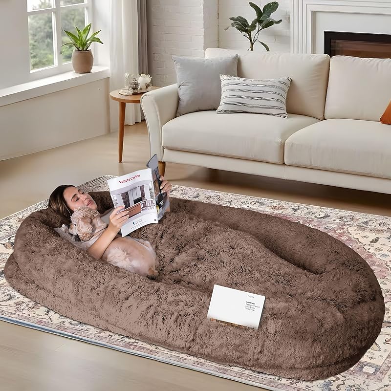 Orthopedic Foam Human Dog Bed With Removable Washable Faux Fur Cover & Portable Handle - Extra Large Bed For Medium, Large, XL Dogs, Humans - Spacious Rectangular Design With Plush Cushioning, Ideal