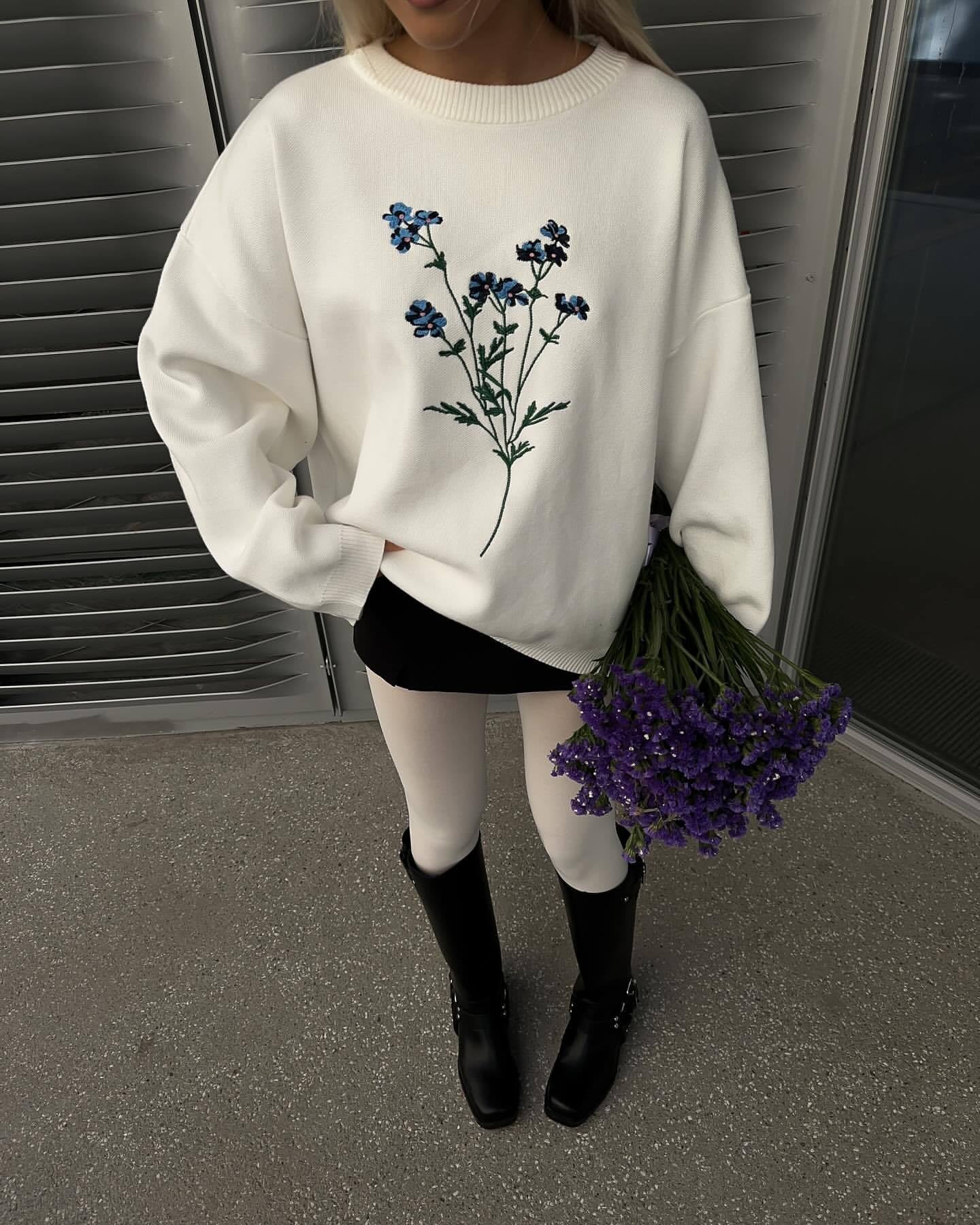Floral Embroidered Crew Neck Sweater
