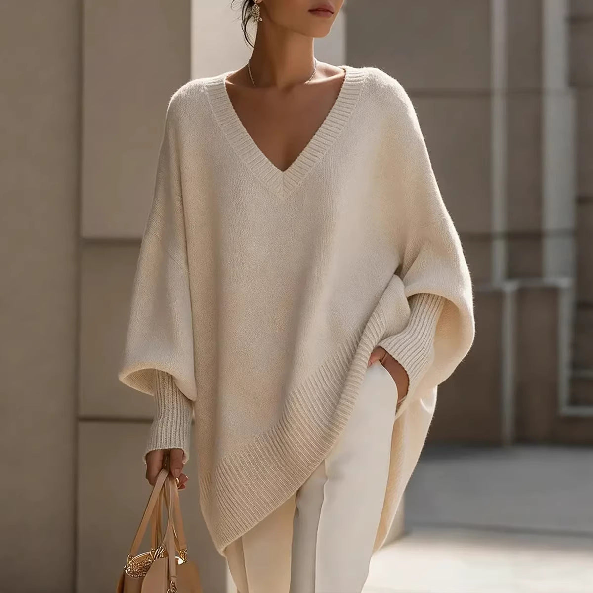 Solid-color Long-sleeve V-neck Laid-back Style Womens Sweater Top