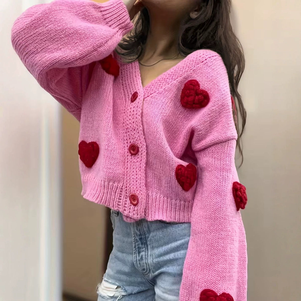 Womens Fashionable Knitted Cardigan with Heart Motifs
