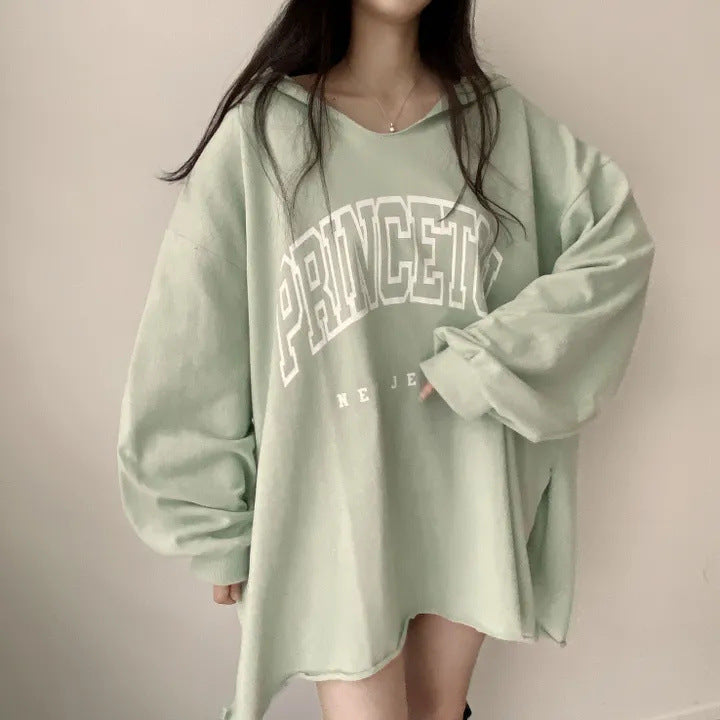 Korean Style Letter Print Loose Hooded Casual Sweater