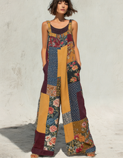 Bohemian Style Patchwork Print Loose Wide-leg Overalls For Women