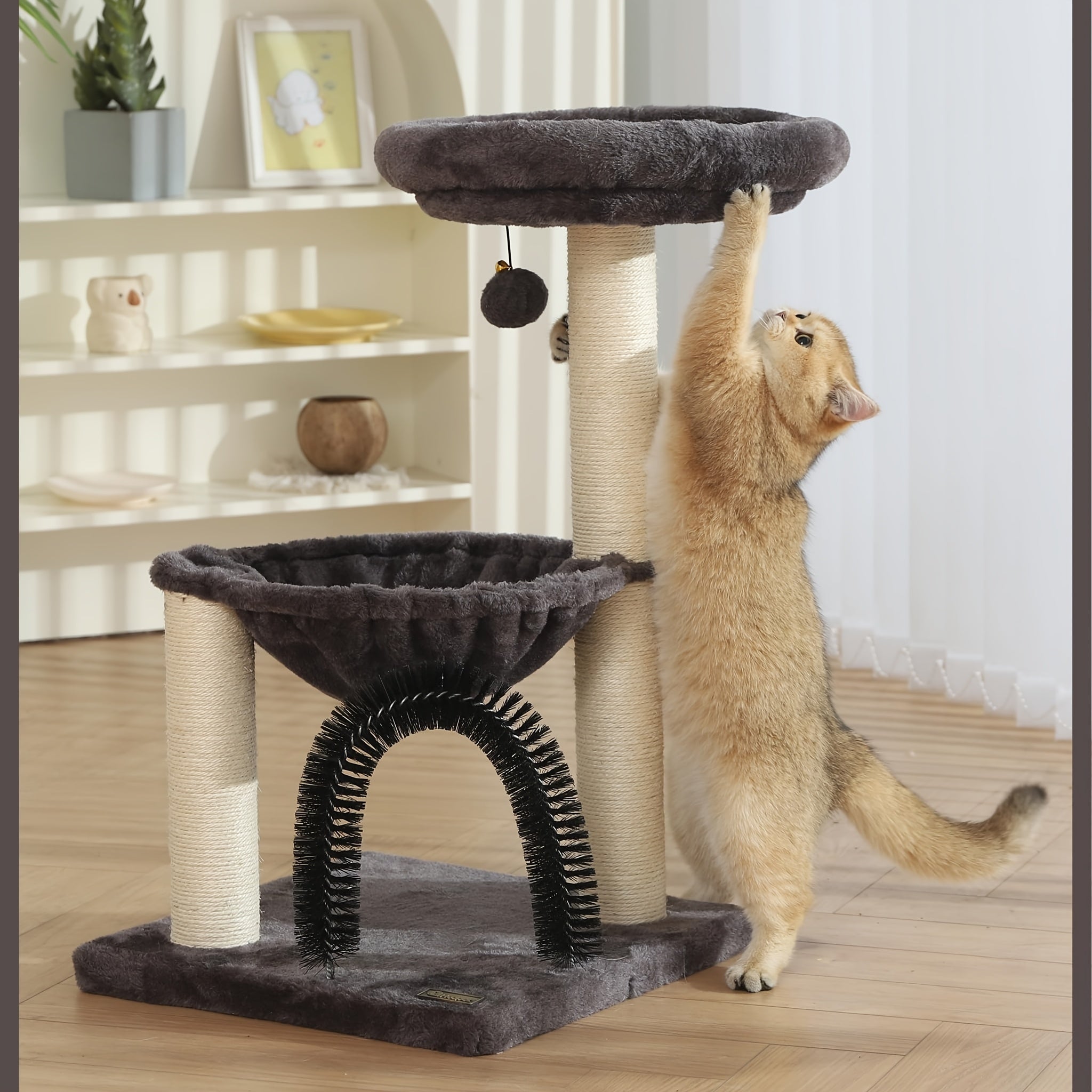 27.8 Multi-level Cat Tree Tower With Scratching Posts, Plush Basket & Perch - Durable Nylon & Jute Construction, Interactive Dangling Ball Toy, Grey Base For Play & Rest - Perfect For Kittens & Small