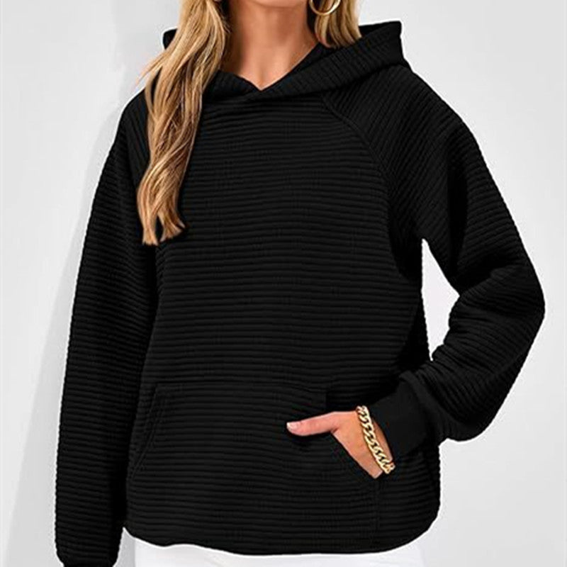 Women's Long Sleeve Hooded Plaid & Stripe Pullover Top