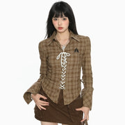 Plaid Cinched Drawstring Lace-up Shirt Women