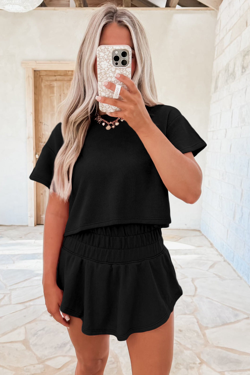 Black 2Pcs Cropped Tee And Ruffle High Waist Skort Set