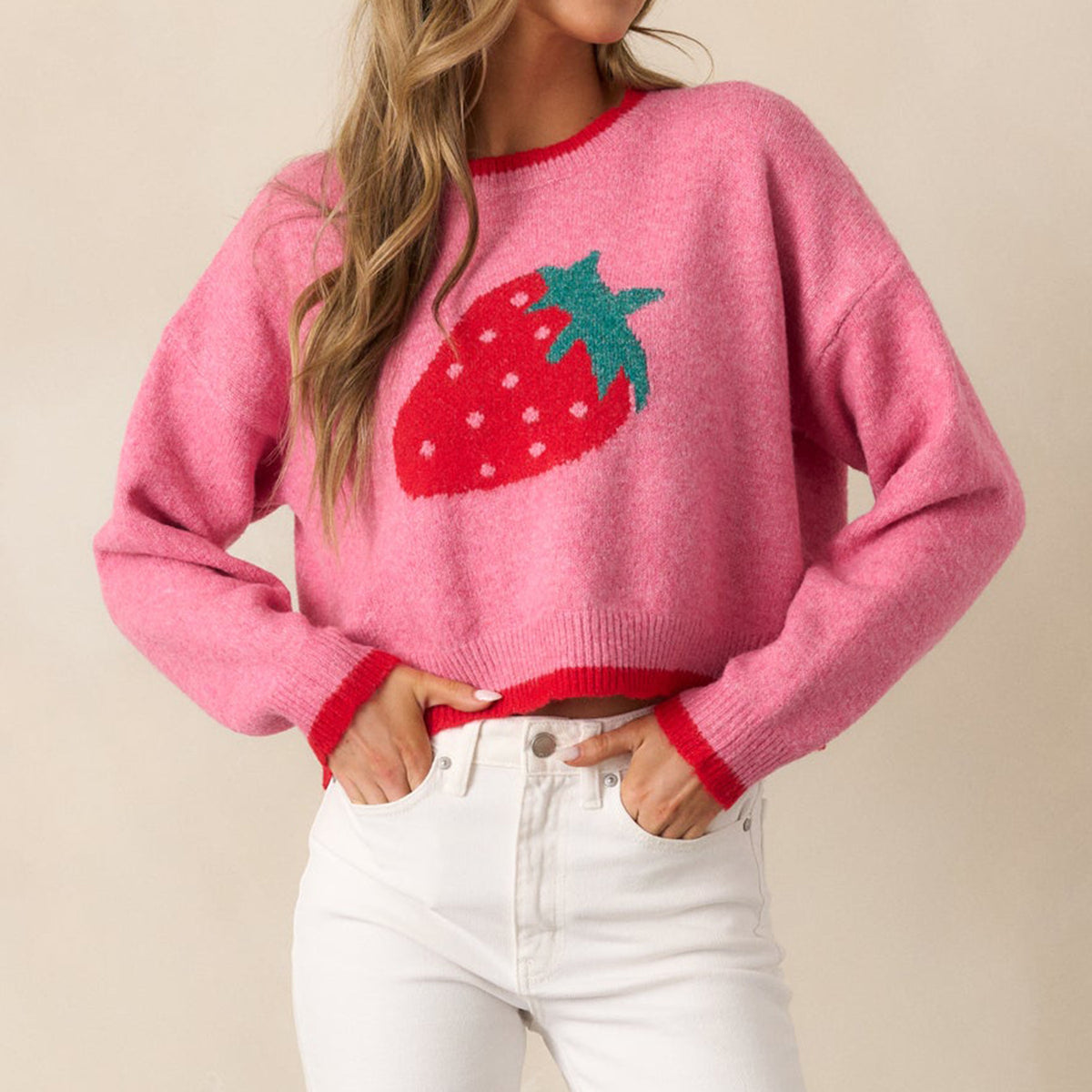 Women's Strawberry Pullover European and American Leisure Short Long-sleeved Sweater Top