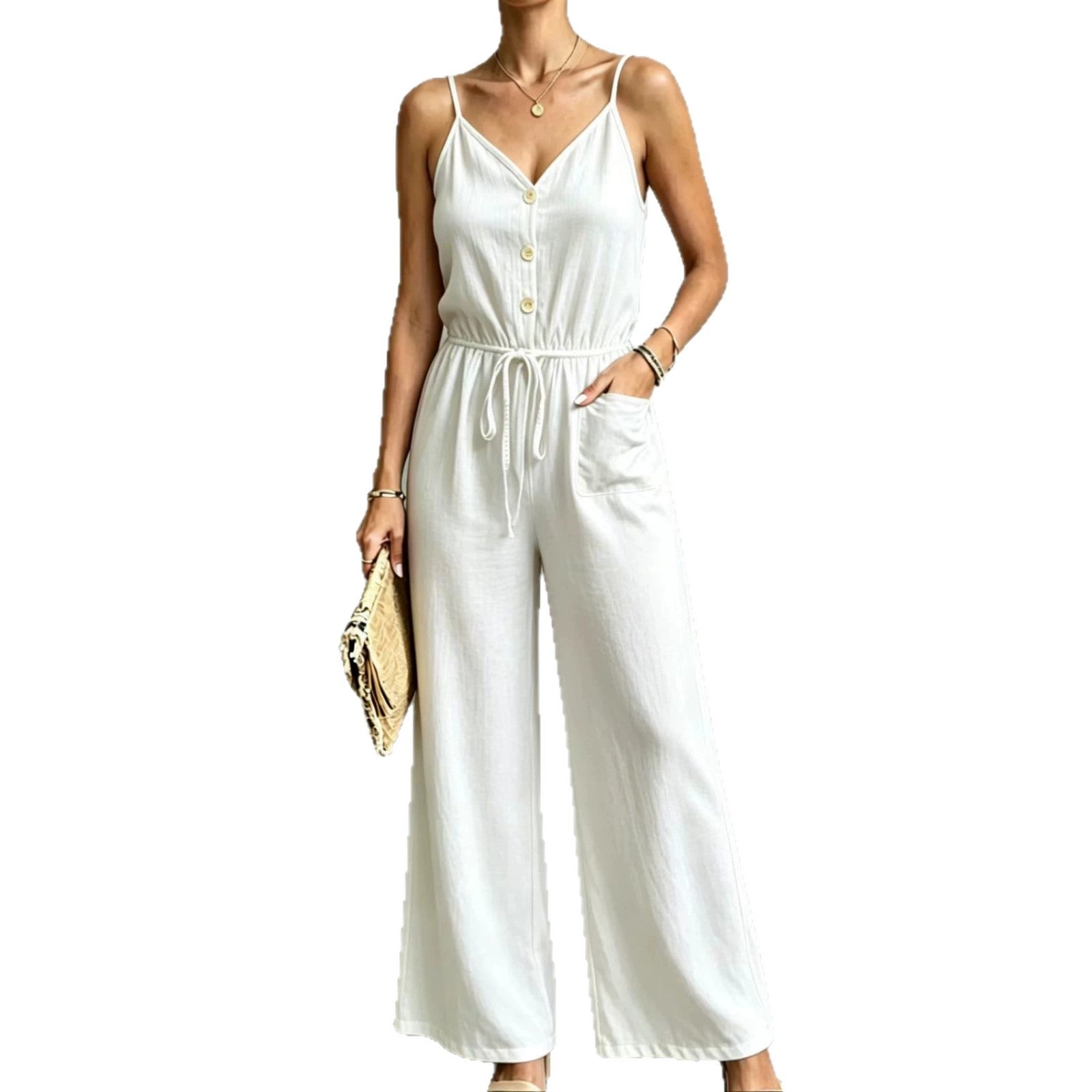 Womens Solid-color Casual Belted Strap Jumpsuit